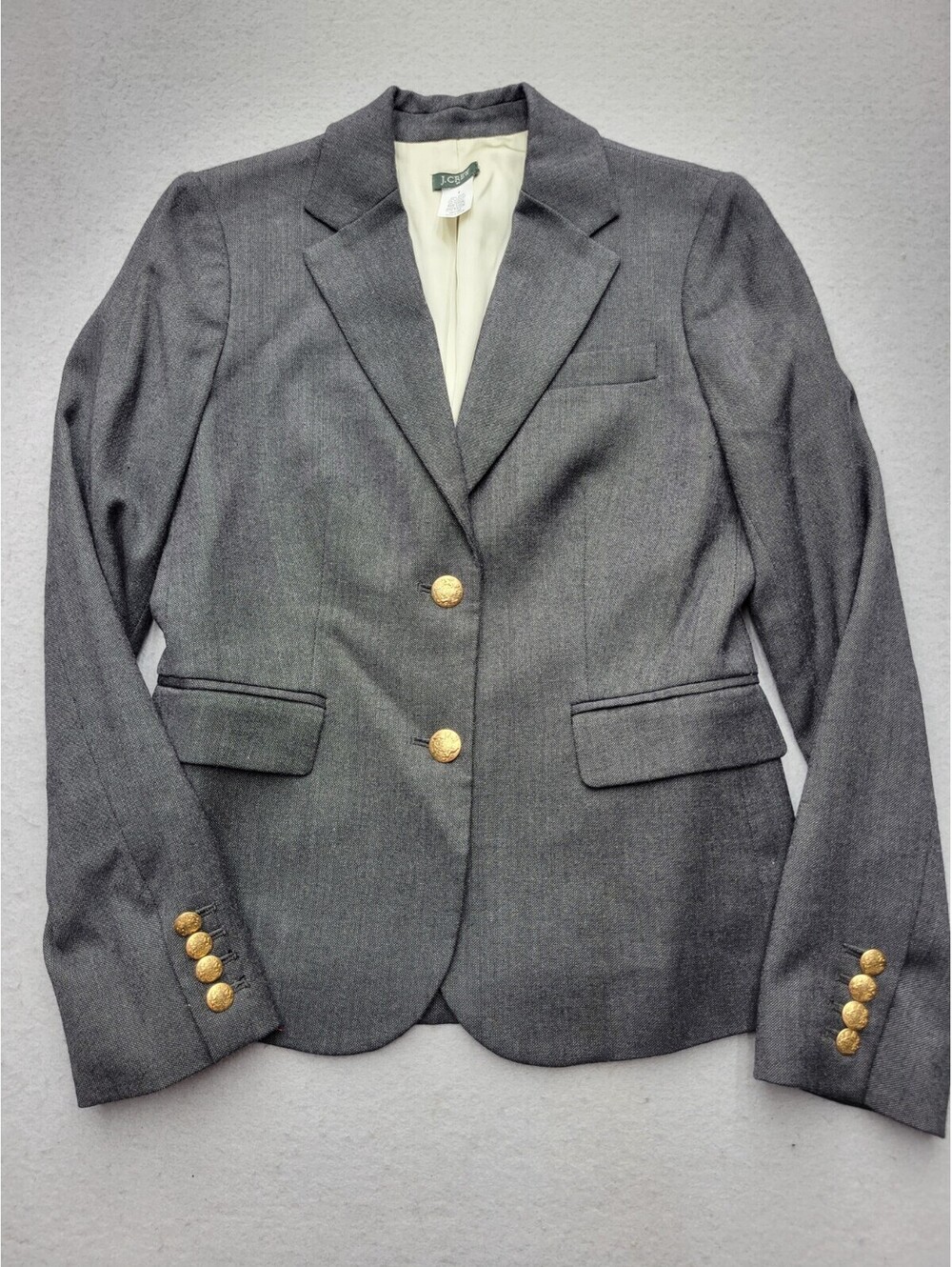 J.Crew Women's Blazer Size 0 Gray Heather Covered Pockets Lapel Gold Buttons